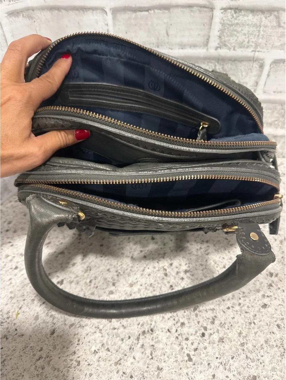 Y2K Juicy Couture Gray Leather Modern Queen Baroque Satchel with Chevron Detail